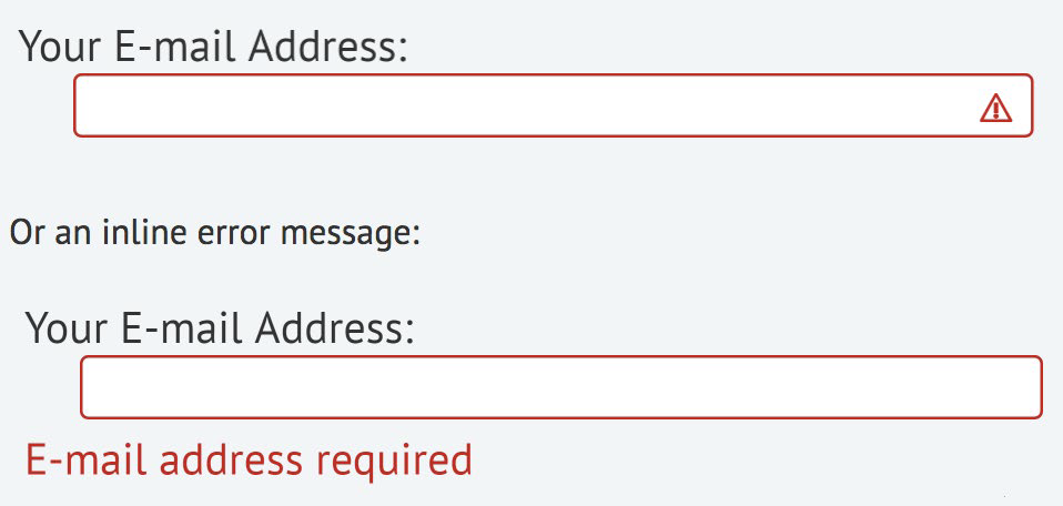 form field with alert icon and "email address required" message in addition to red outline