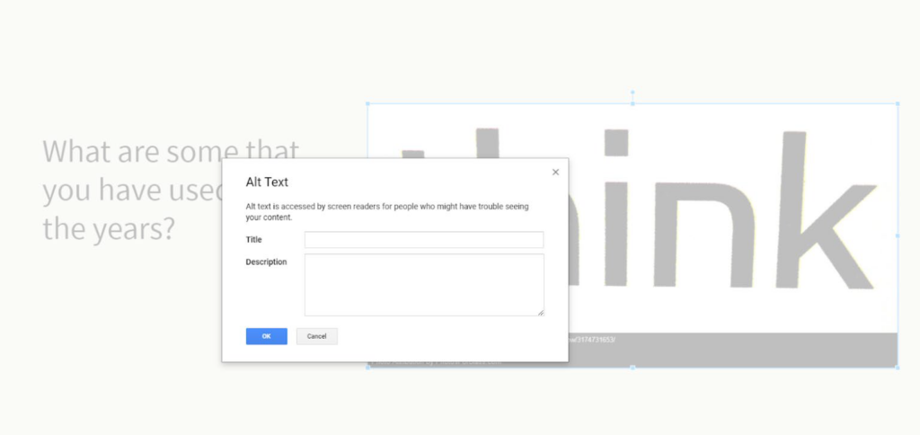 Googles Slides alt text box to enter short description