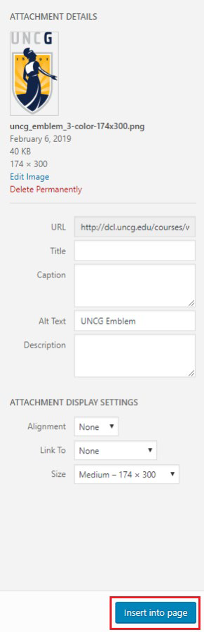 attachment details box showing location of insert into page button