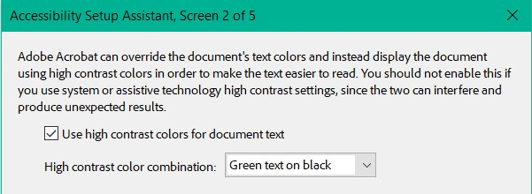 Adobe Accessibility Setup Assistant screenshot showing high color contrast not checked