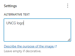 Alternative Text field with the description "UNCG logo"
