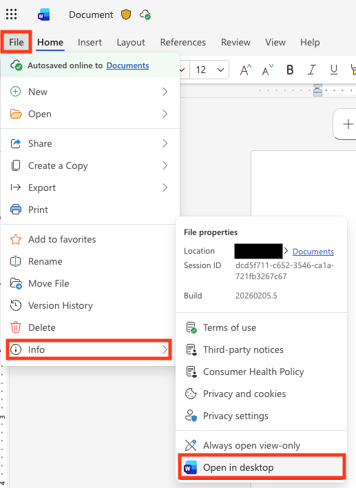 Online Microsoft Word menu with File, Info, and Open in Desktop highlighted with a red rectangle.