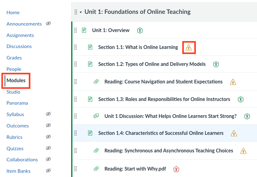 Canvas modules page with list of course pages
