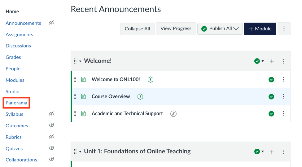 Canvas course home page with Panorama menu item highlighted.