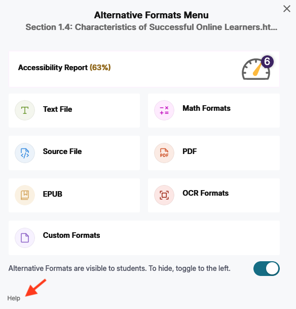 alternative formats menu with arrow pointing to help menu link