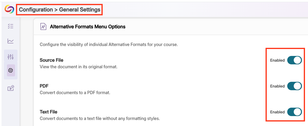 alternative formats menu options with enabled/disabled slider buttons highlighted.