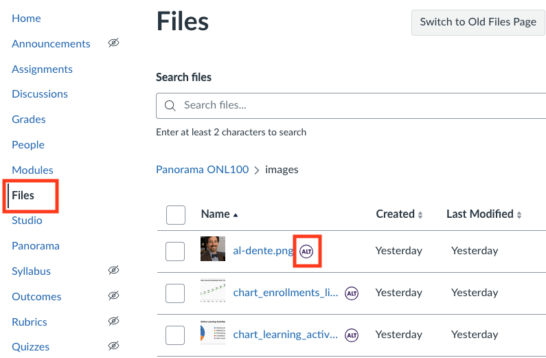 Files menu with ALT icon highlighted