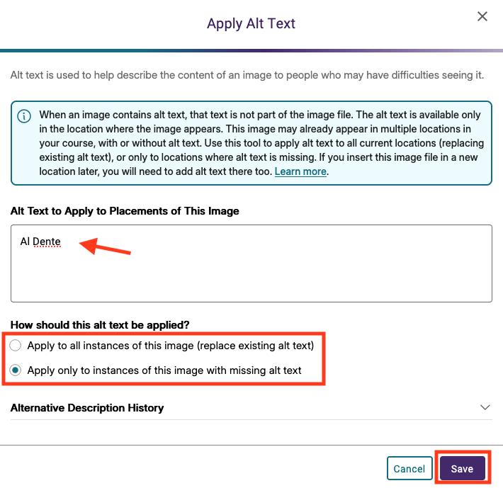 apply alt text menu with space to enter text and option to choose how to apply the alt text for one or all instances of the image