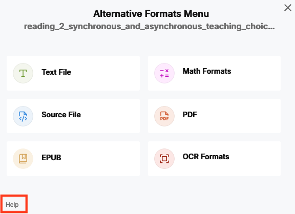 alternative formats menu with help link highlighted